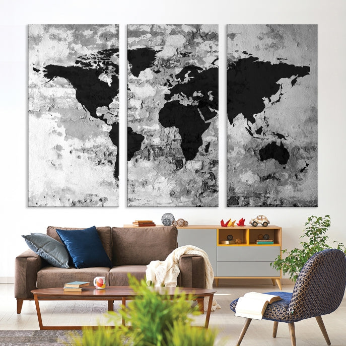 Black White Watercolor World Map Framed Canvas Wall Art Print