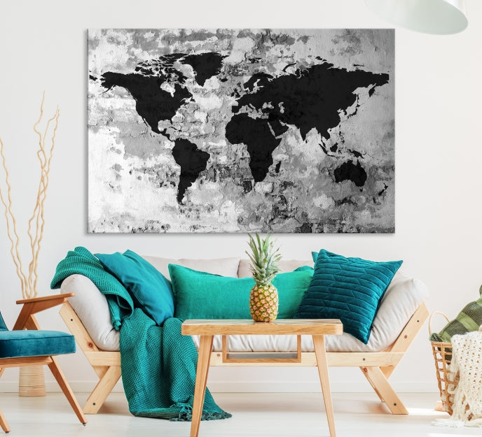 Black White Watercolor World Map Framed Canvas Wall Art Print