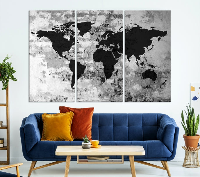 Black White Watercolor World Map Framed Canvas Wall Art Print