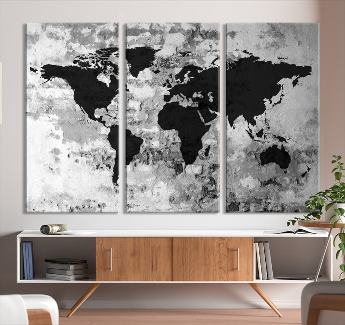 Black White Watercolor World Map Framed Canvas Wall Art Print