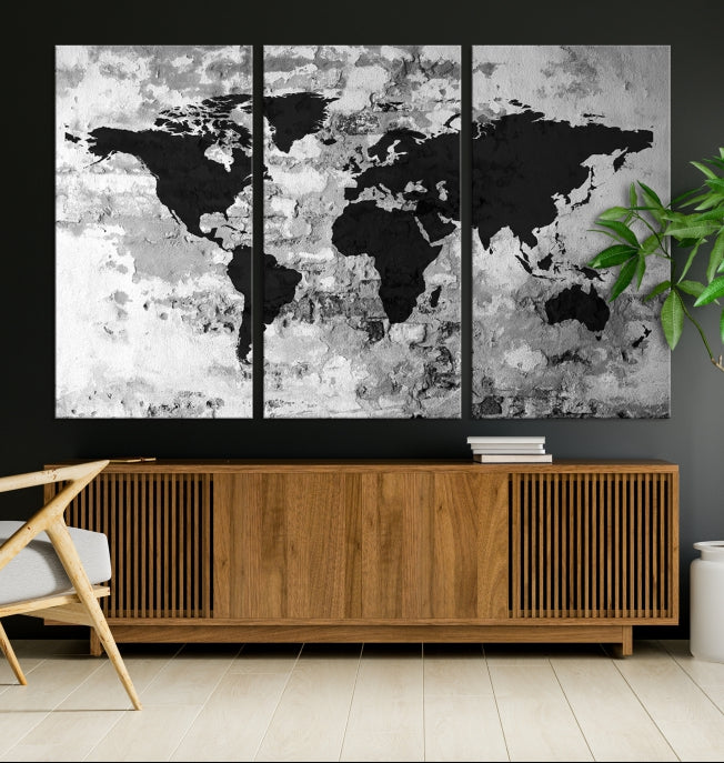 Black White Watercolor World Map Framed Canvas Wall Art Print