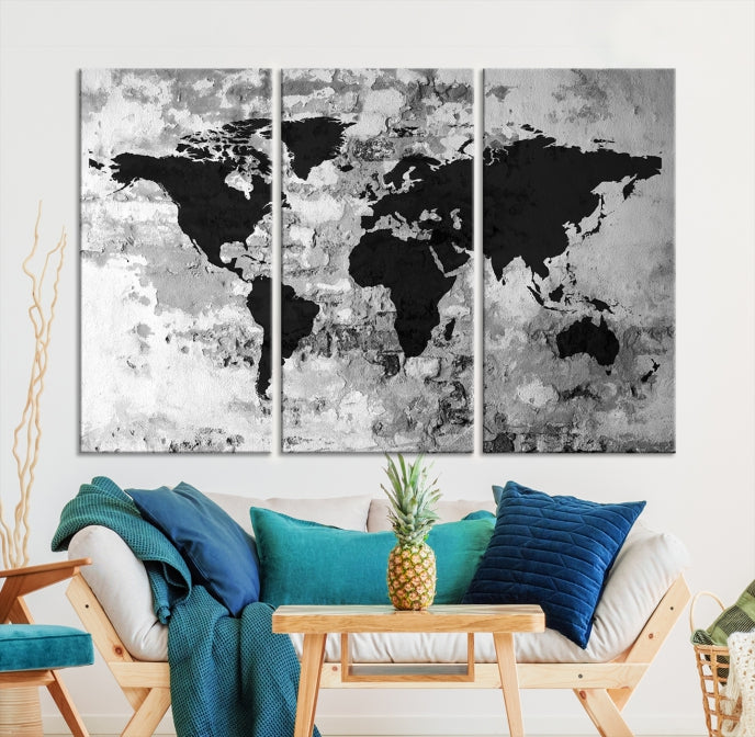 Black White Watercolor World Map Framed Canvas Wall Art Print