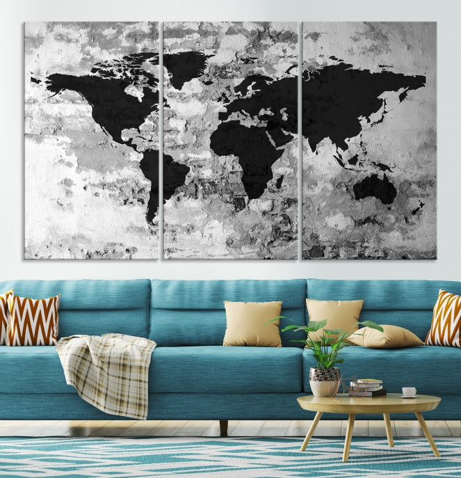 Black White Watercolor World Map Framed Canvas Wall Art Print