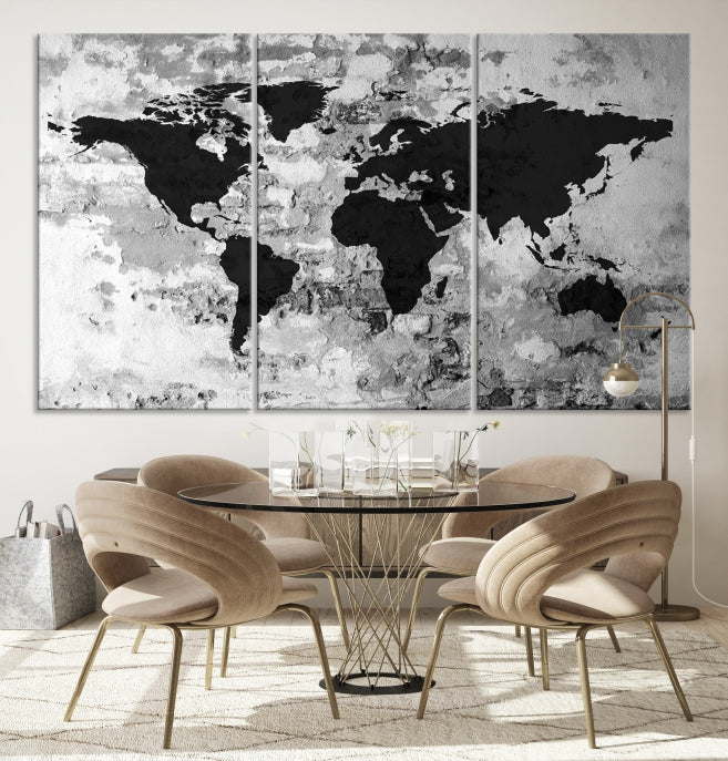 Black White Watercolor World Map Framed Canvas Wall Art Print