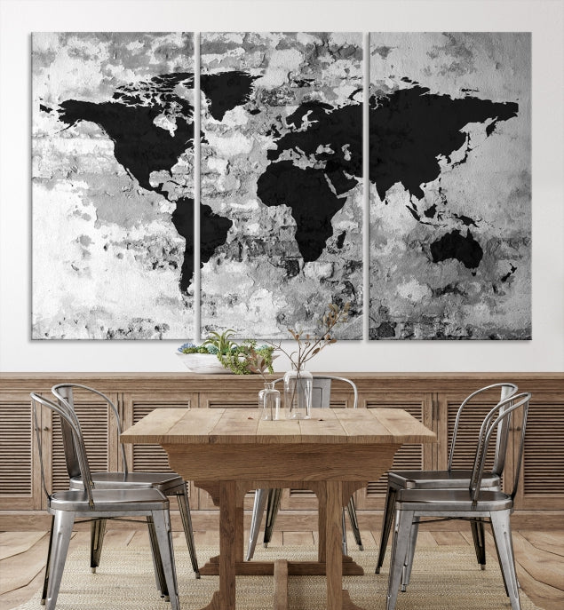 Black White Watercolor World Map Framed Canvas Wall Art Print