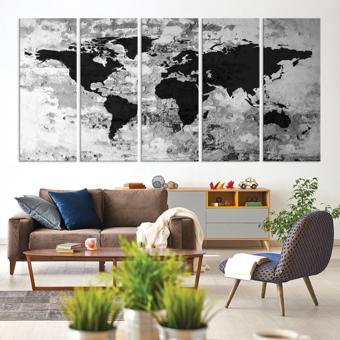 Black White Watercolor World Map Framed Canvas Wall Art Print