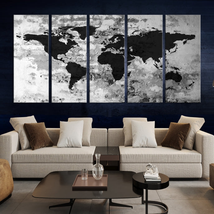 Black White Watercolor World Map Framed Canvas Wall Art Print