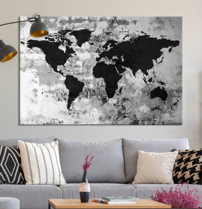 Black White Watercolor World Map Framed Canvas Wall Art Print