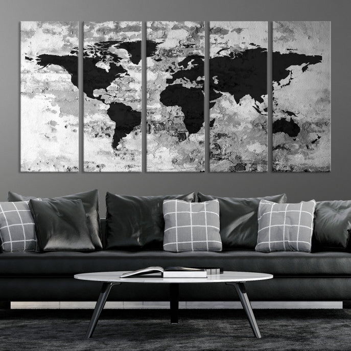 Black White Watercolor World Map Framed Canvas Wall Art Print