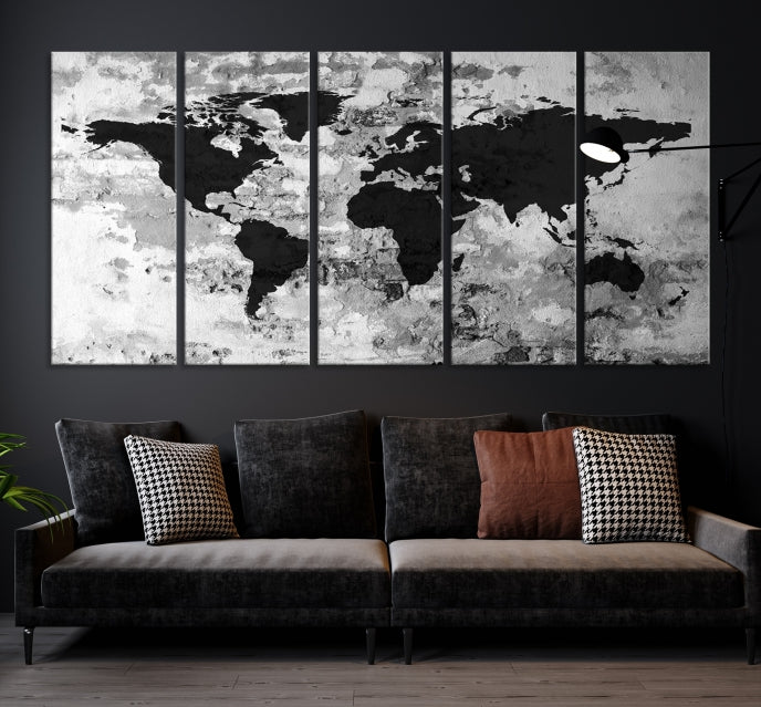 Black White Watercolor World Map Framed Canvas Wall Art Print