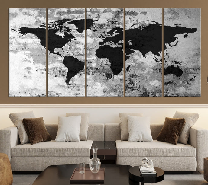 Black White Watercolor World Map Framed Canvas Wall Art Print