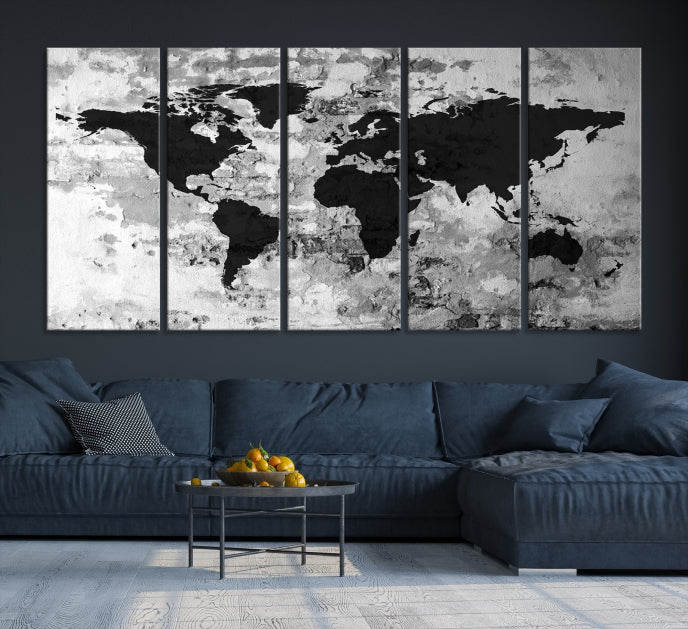 Black White Watercolor World Map Framed Canvas Wall Art Print