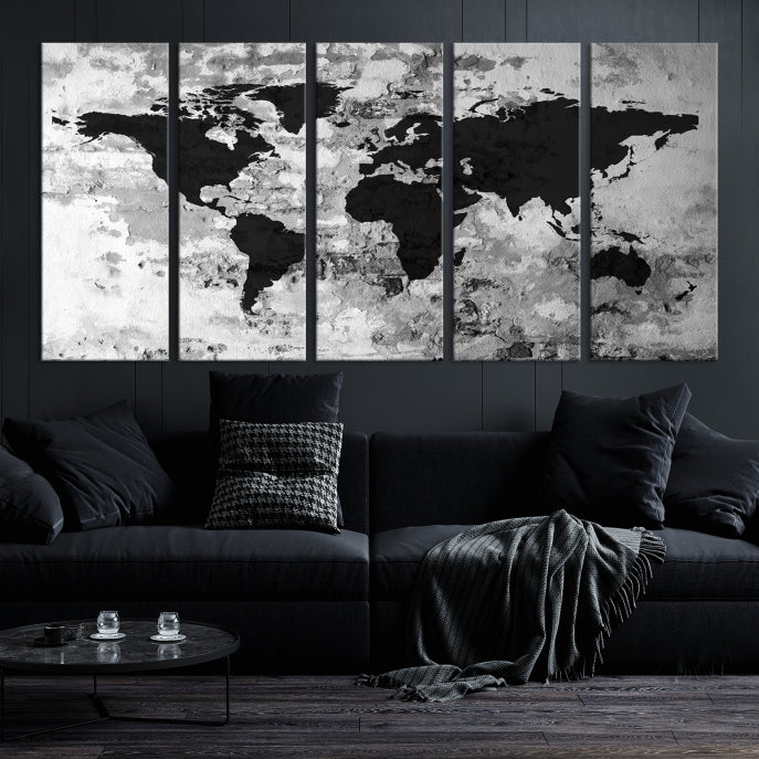 Black White Watercolor World Map Framed Canvas Wall Art Print