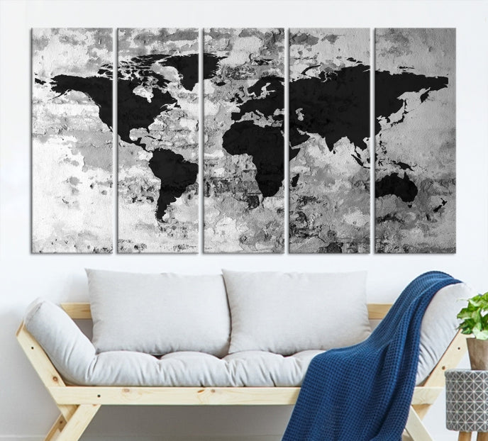 Black White Watercolor World Map Framed Canvas Wall Art Print