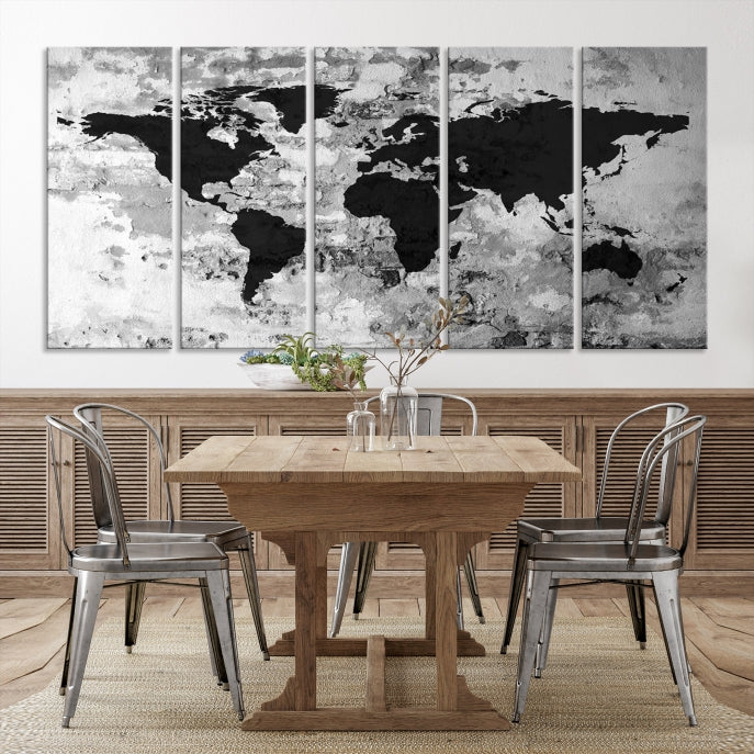 Black White Watercolor World Map Framed Canvas Wall Art Print