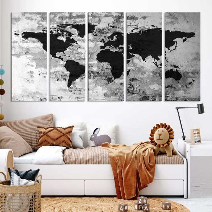 Black White Watercolor World Map Framed Canvas Wall Art Print