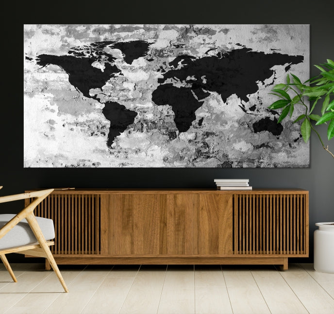 Black White Watercolor World Map Framed Canvas Wall Art Print