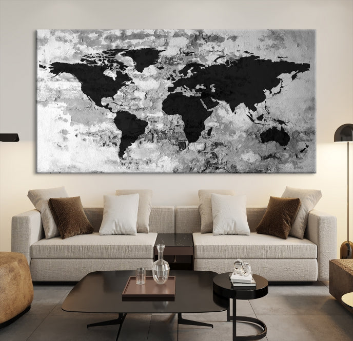 Black White Watercolor World Map Framed Canvas Wall Art Print