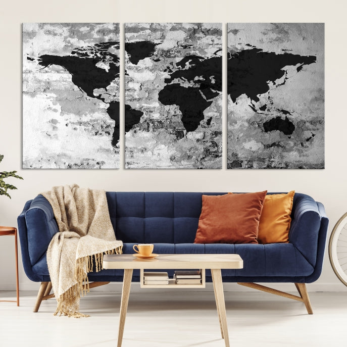 Black White Watercolor World Map Framed Canvas Wall Art Print