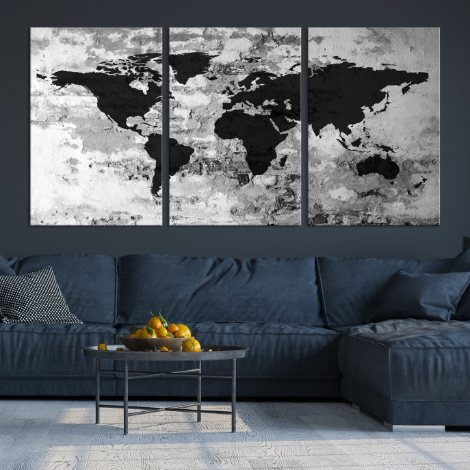 Black White Watercolor World Map Framed Canvas Wall Art Print