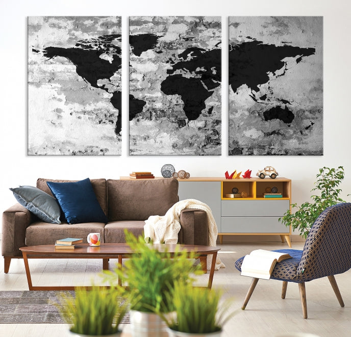 Black White Watercolor World Map Framed Canvas Wall Art Print