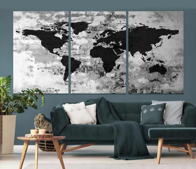 Black White Watercolor World Map Framed Canvas Wall Art Print