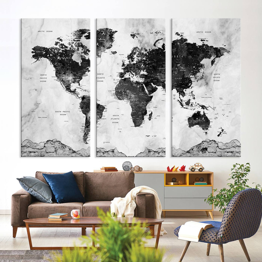 Black World Map Wall Art Multi Panel X-Large Canvas Print for Home Decor