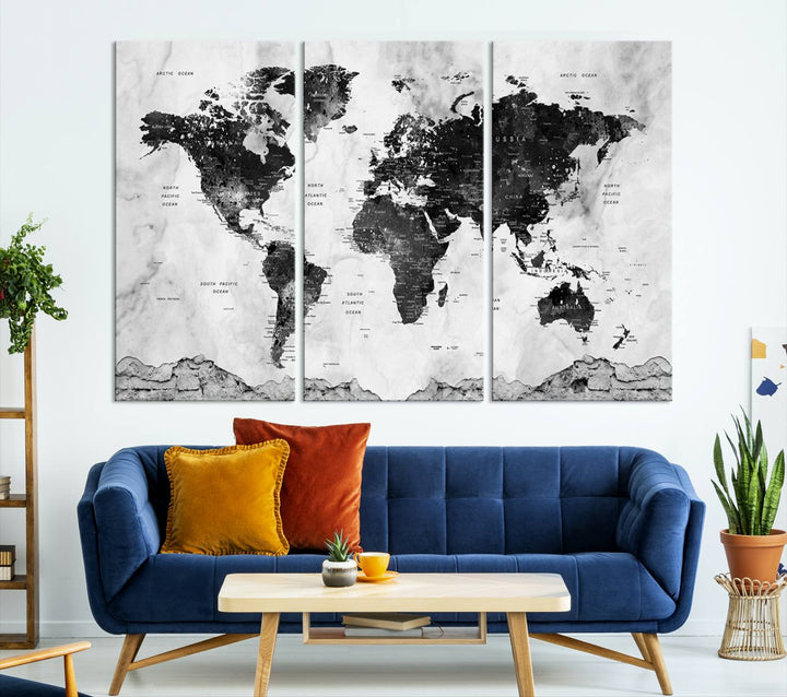 Black World Map Wall Art Multi Panel X-Large Canvas Print for Home Decor