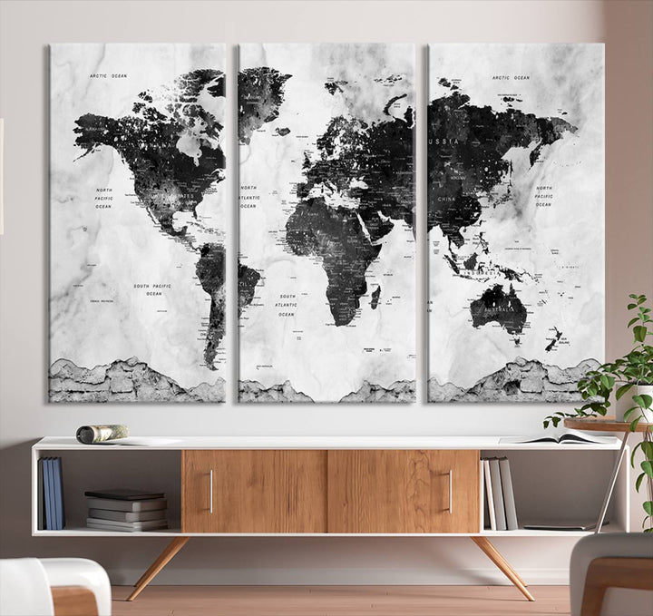 Black World Map Wall Art Multi Panel X-Large Canvas Print for Home Decor