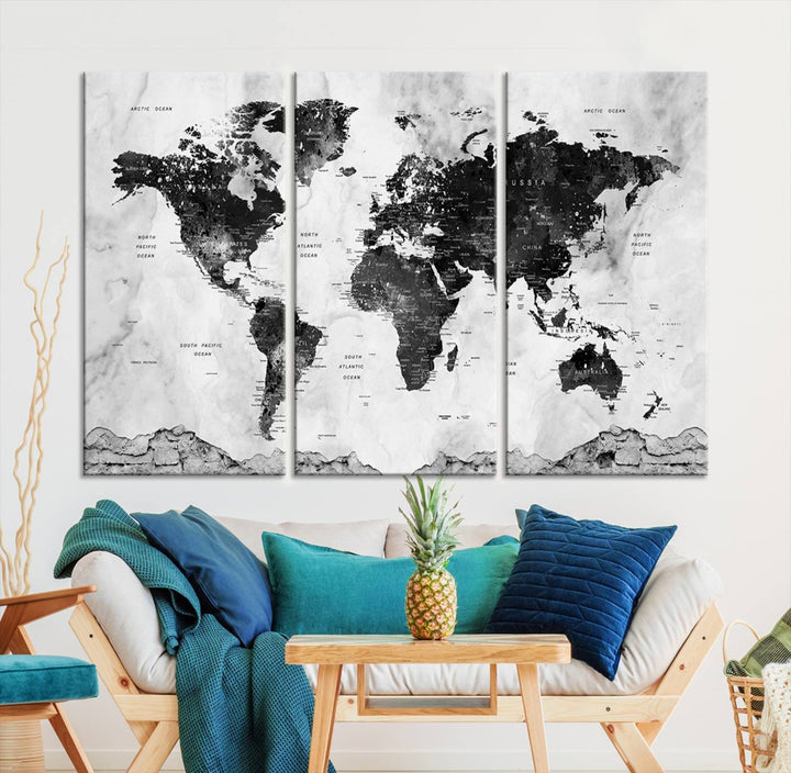 Black World Map Wall Art Multi Panel X-Large Canvas Print for Home Decor