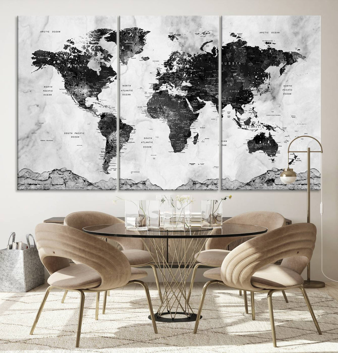 Black World Map Wall Art Multi Panel X-Large Canvas Print for Home Decor