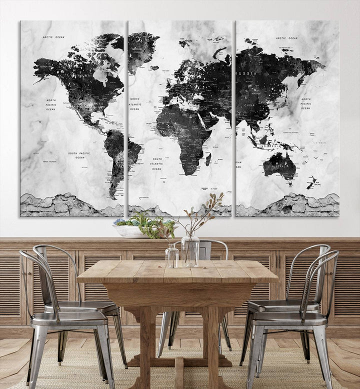 Black World Map Wall Art Multi Panel X-Large Canvas Print for Home Decor