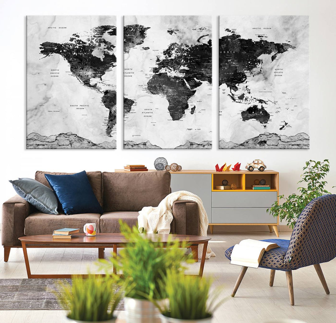 Black World Map Wall Art Multi Panel X-Large Canvas Print for Home Decor