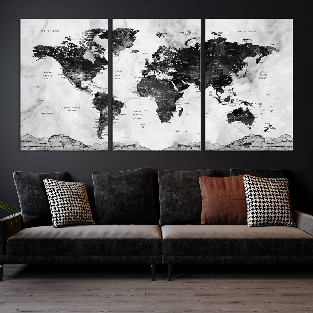 Black World Map Wall Art Multi Panel X-Large Canvas Print for Home Decor