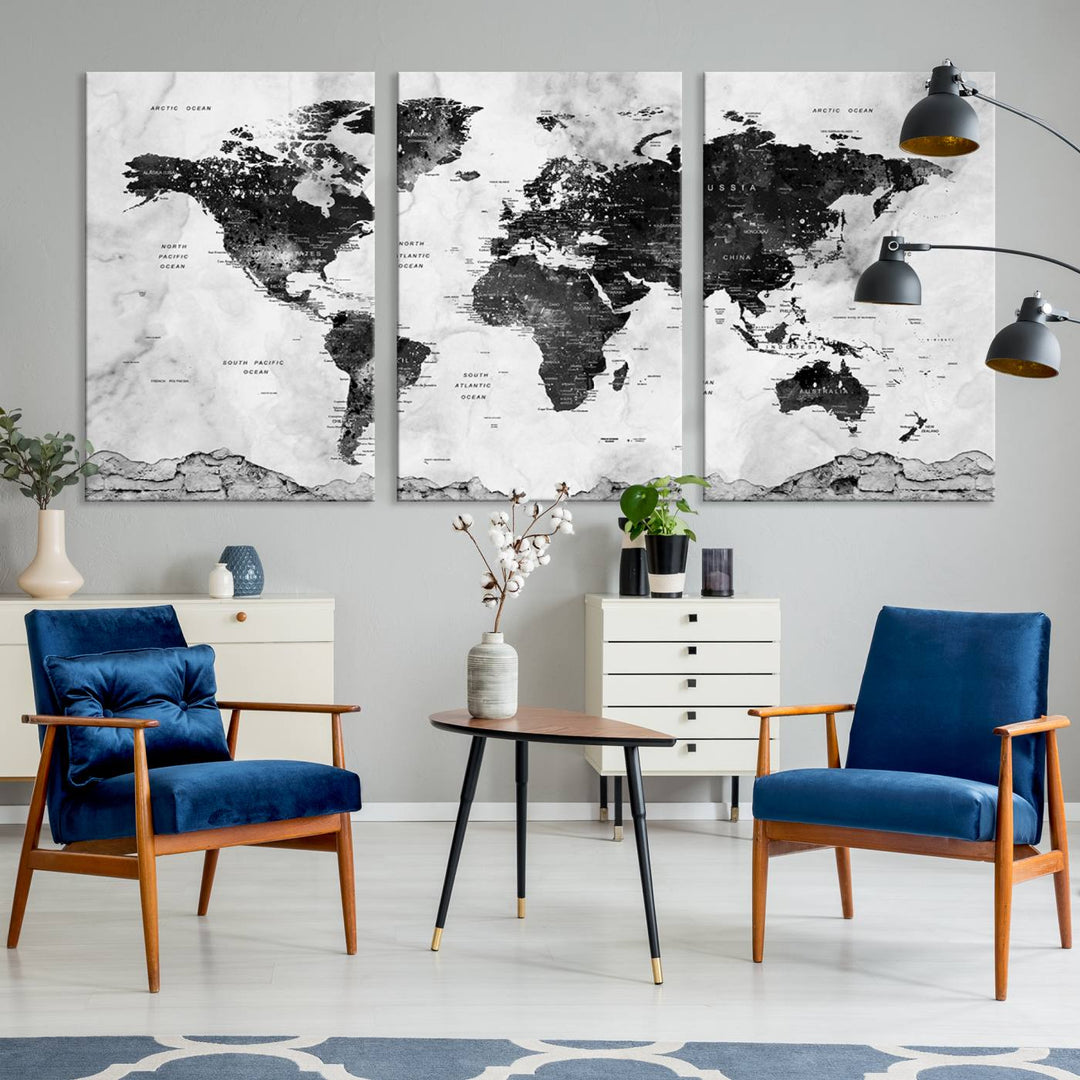 Black World Map Wall Art Multi Panel X-Large Canvas Print for Home Decor