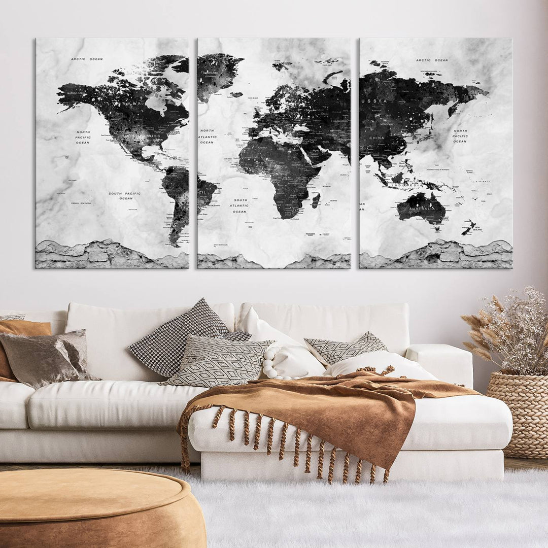 Black World Map Wall Art Multi Panel X-Large Canvas Print for Home Decor