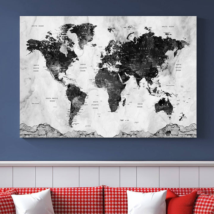 Black World Map Wall Art Multi Panel X-Large Canvas Print for Home Decor