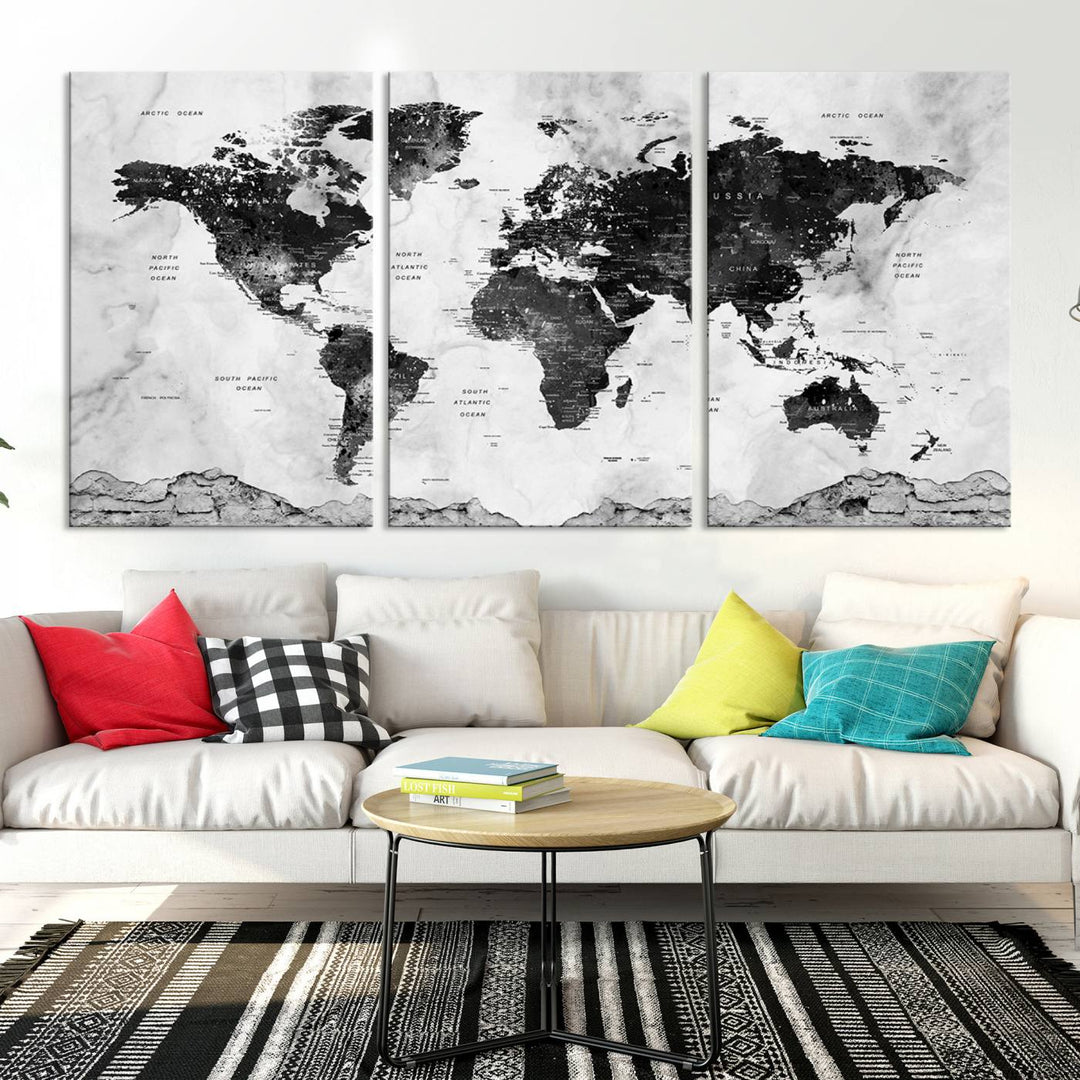 Black World Map Wall Art Multi Panel X-Large Canvas Print for Home Decor