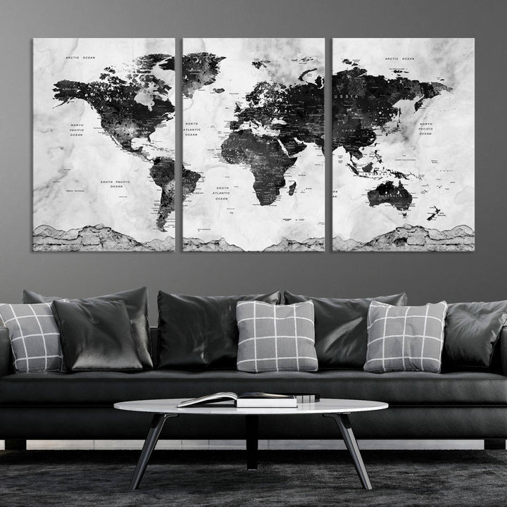 Black World Map Wall Art Multi Panel X-Large Canvas Print for Home Decor