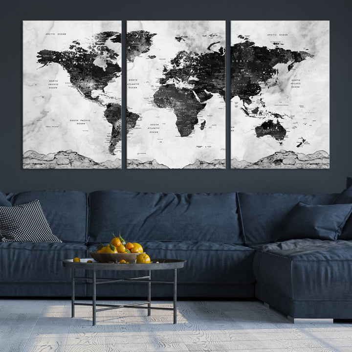 Black World Map Wall Art Multi Panel X-Large Canvas Print for Home Decor