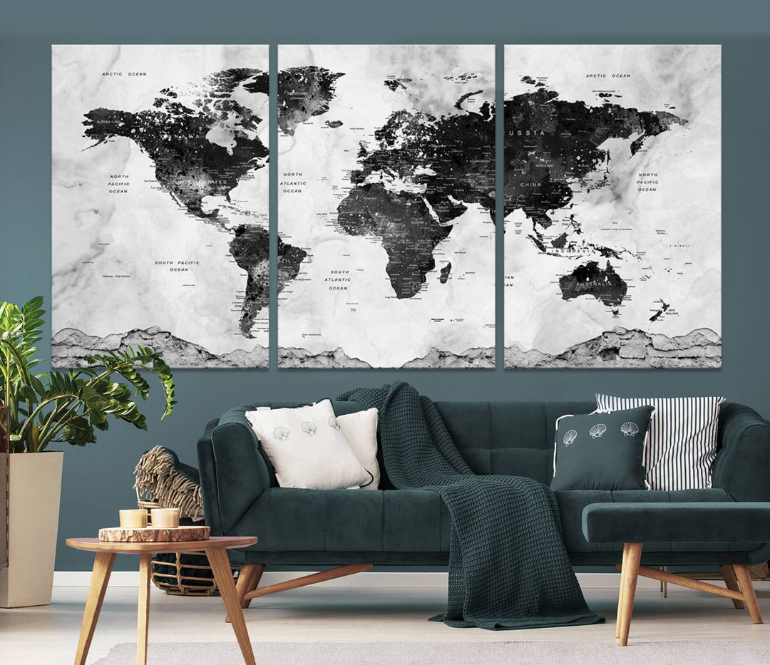 Black World Map Wall Art Multi Panel X-Large Canvas Print for Home Decor