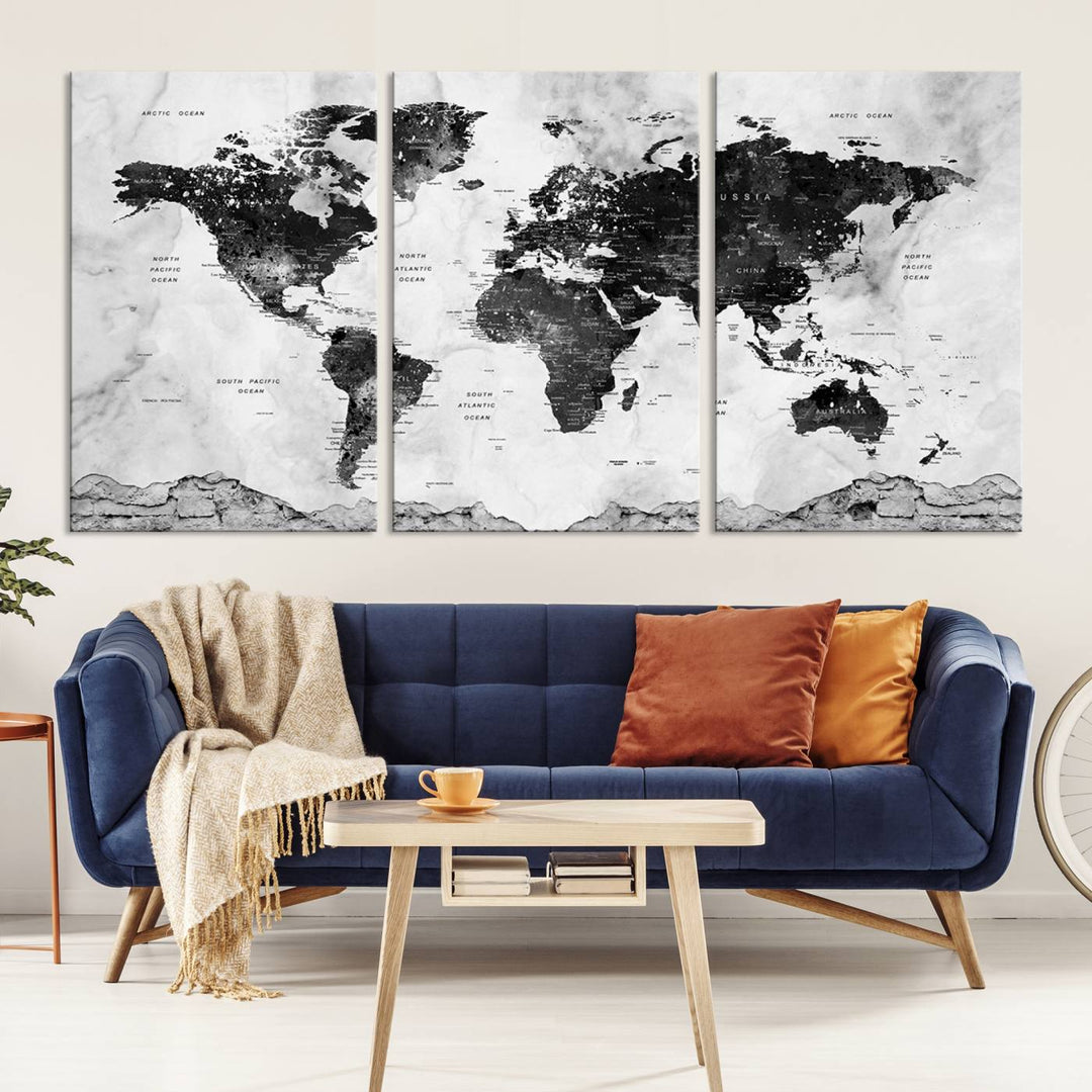 Black World Map Wall Art Multi Panel X-Large Canvas Print for Home Decor