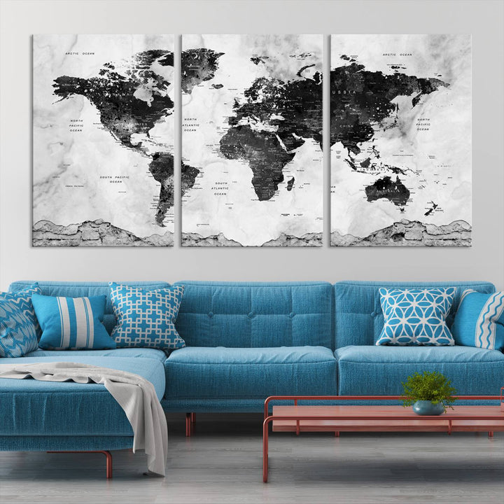 Black World Map Wall Art Multi Panel X-Large Canvas Print for Home Decor