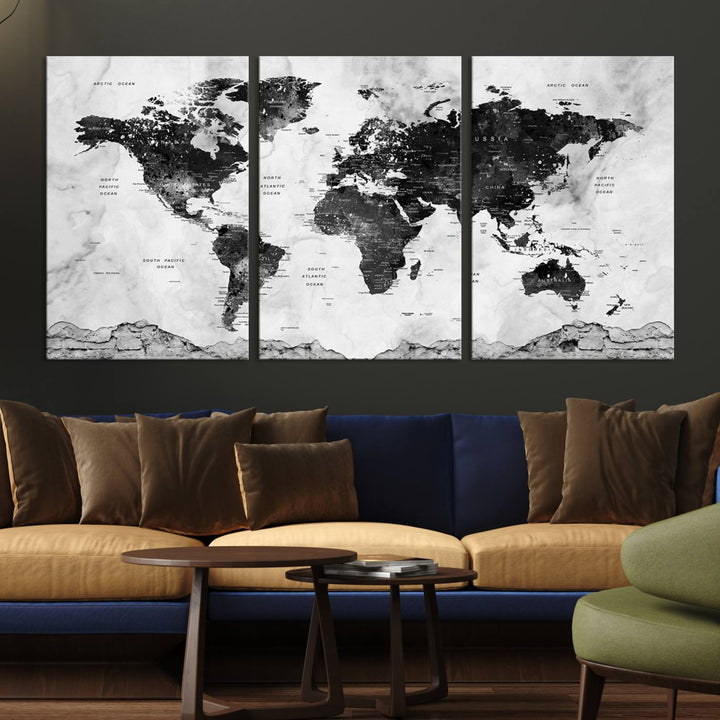 Black World Map Wall Art Multi Panel X-Large Canvas Print for Home Decor