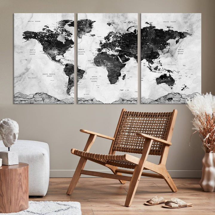 Black World Map Wall Art Multi Panel X-Large Canvas Print for Home Decor