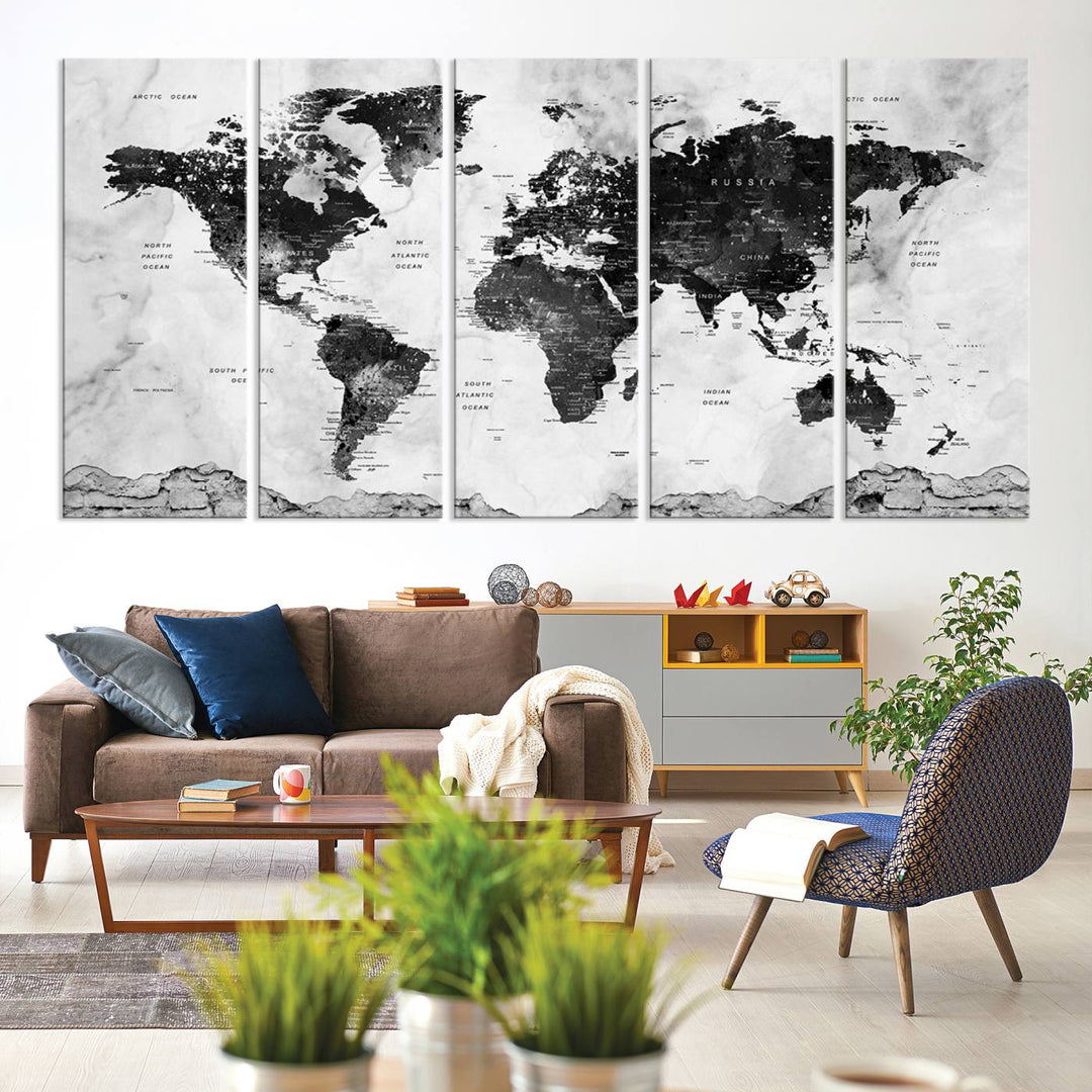 Black World Map Wall Art Multi Panel X-Large Canvas Print for Home Decor