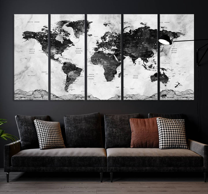 Black World Map Wall Art Multi Panel X-Large Canvas Print for Home Decor