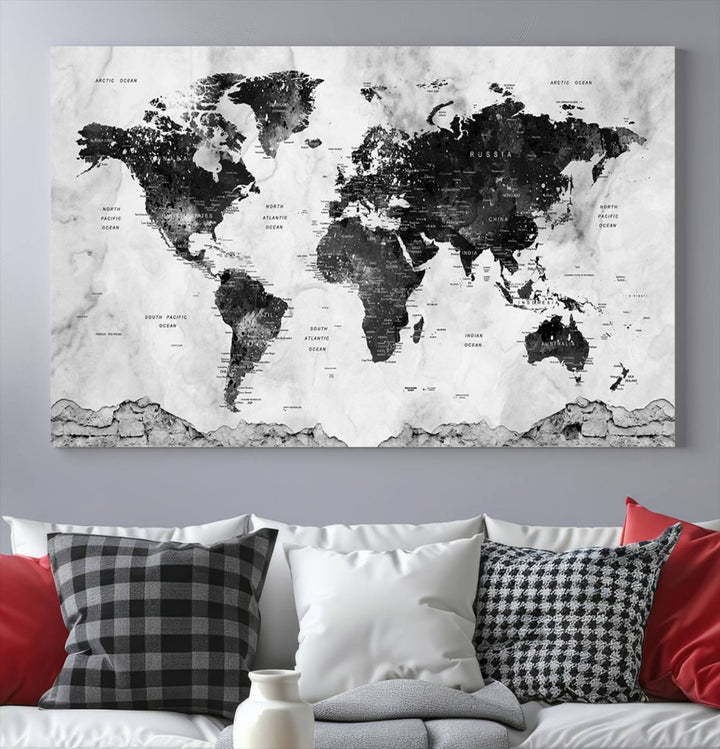 Black World Map Wall Art Multi Panel X-Large Canvas Print for Home Decor