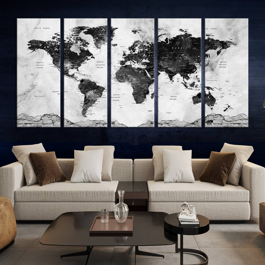 Black World Map Wall Art Multi Panel X-Large Canvas Print for Home Decor