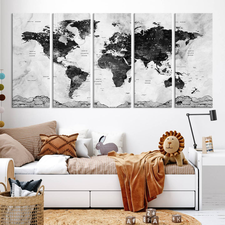 Black World Map Wall Art Multi Panel X-Large Canvas Print for Home Decor